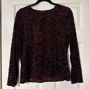 Karen Kane Burgundy Velvet Burnout Long Sleeve Top - Floral Swirl